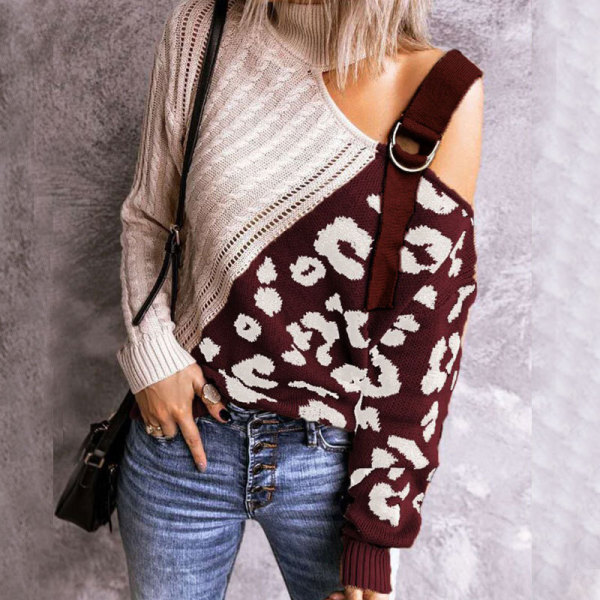 Pullover fashion turtleneck sweater color-blocking leopard print turtleneck off-shoulder sweater