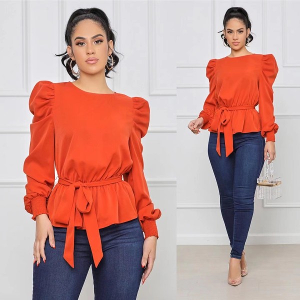 Puff sleeve long-sleeved chiffon shirt, pure color waist top with belt, spring new style