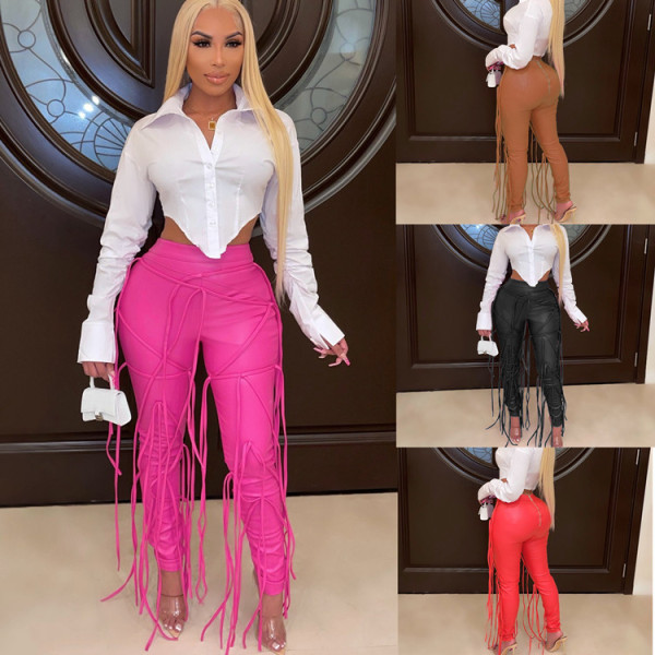 Casual PU trousers, leather rope, tight-fitting women's leather pants, winter new style