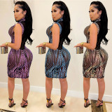 Fashion sequin high neck mesh see-through zipper mid-skirt dress