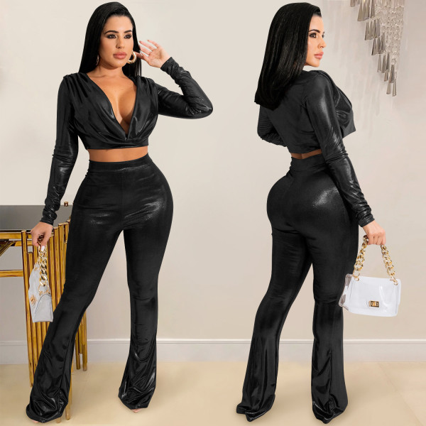 Fashion solid color women's hot stamping cloth deep V long sleeve waist trousers two-piece suit