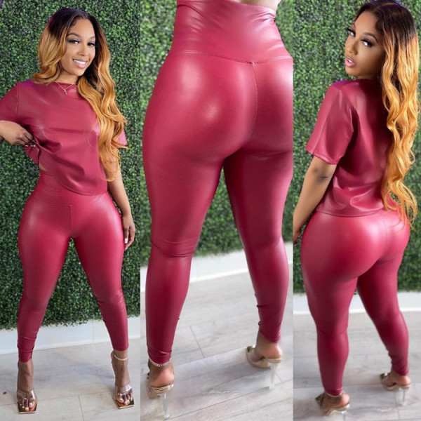 Women's PU leather two-piece high-waist elastic fashion leather pants suit autumn and winter new style