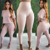 Women's PU leather two-piece high-waist elastic fashion leather pants suit autumn and winter new style