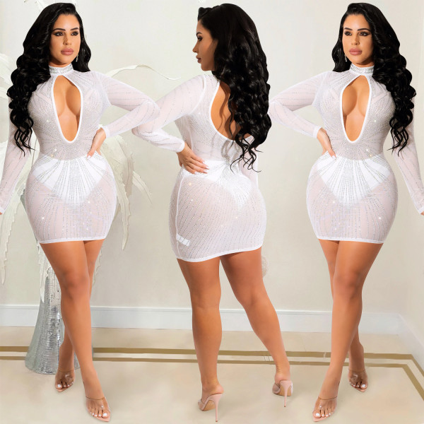Fashion new nightclub hot drilling mesh see-through long-sleeved hollow skirt dress