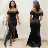 Fashion solid color women's flat shoulder pleated sleeve tight-fitting slit long skirt dress women