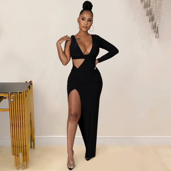 New Fashion Solid Color Women's V-neck One Shoulder Long Sleeve Hollow Split Long Skirt Dress