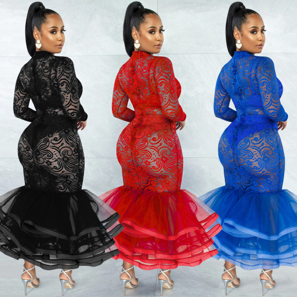 Fashion new lace see-through long-sleeved zipper mesh pleated skirt dress