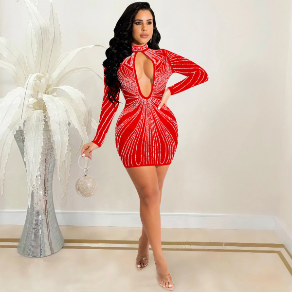 Fashion new nightclub hot drilling mesh see-through long-sleeved hollow skirt dress