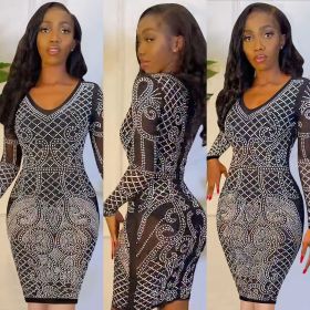 Hot rhinestone mesh sexy nightclub v-neck long-sleeved zipper midi dress