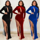 Sexy solid color women's long-sleeved hollow slit long skirt dress