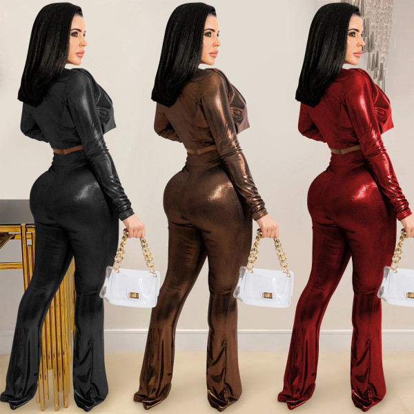 Fashion solid color women's hot stamping cloth deep V long sleeve waist trousers two-piece suit