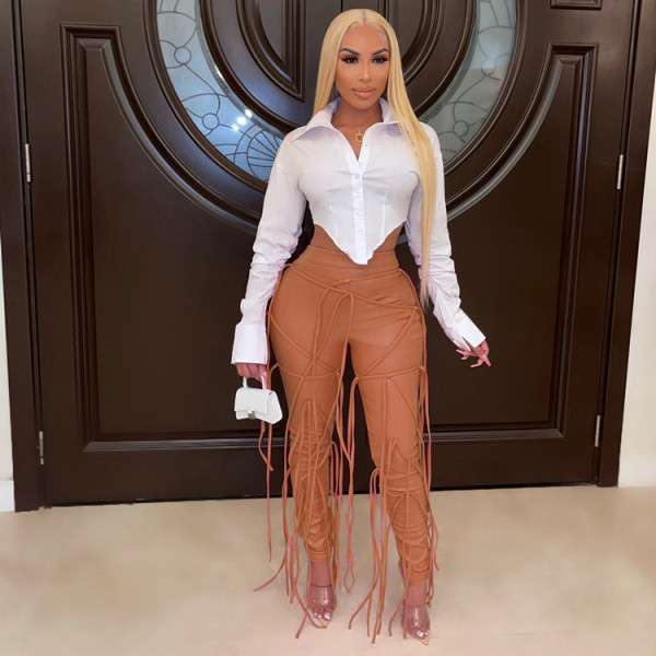 Casual PU trousers, leather rope, tight-fitting women's leather pants, winter new style