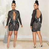 Fashion new nightclub hot drilling mesh see-through long-sleeved hollow skirt dress