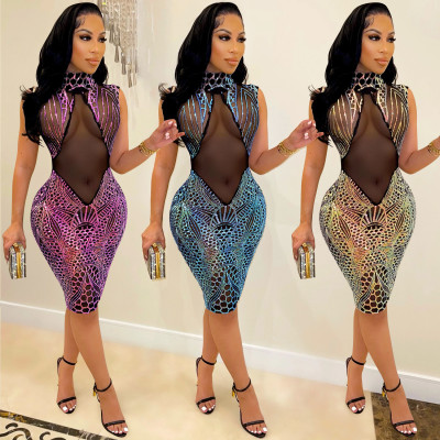 Fashion sequin high neck mesh see-through zipper mid-skirt dress