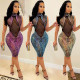 Fashion sequin high neck mesh see-through zipper mid-skirt dress