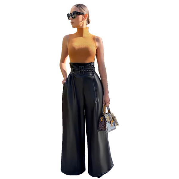 Fashion high waist trousers INS wind PU leather pants nightclub metal belt wide leg pants