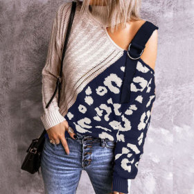 Pullover fashion turtleneck sweater color-blocking leopard print turtleneck off-shoulder sweater