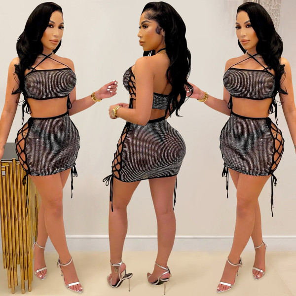Fashion sexy women's hot drilling mesh see-through strap hollow short skirt two-piece suit