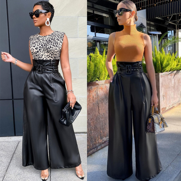 Fashion high waist trousers INS wind PU leather pants nightclub metal belt wide leg pants