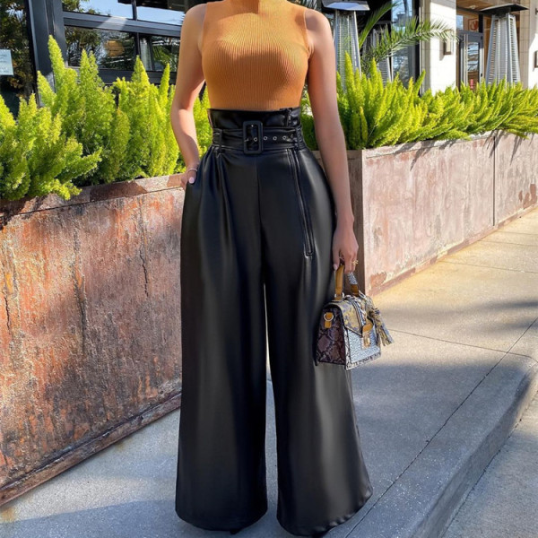 Fashion high waist trousers INS wind PU leather pants nightclub metal belt wide leg pants