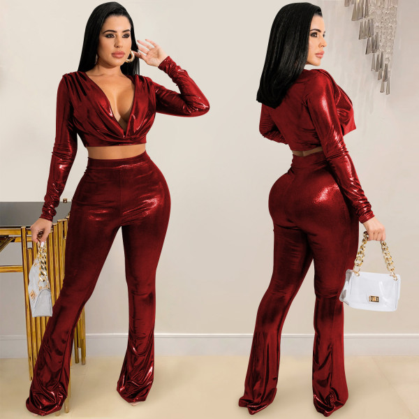 Fashion solid color women's hot stamping cloth deep V long sleeve waist trousers two-piece suit