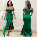 Fashion solid color women's flat shoulder pleated sleeve tight-fitting slit long skirt dress women