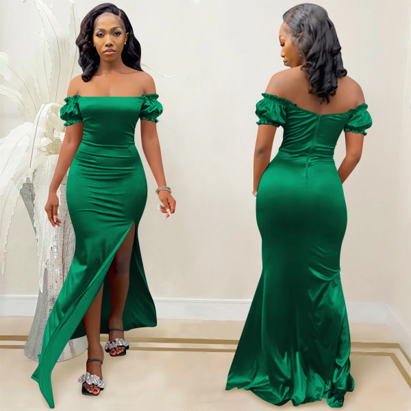 Fashion solid color women's flat shoulder pleated sleeve tight-fitting slit long skirt dress women