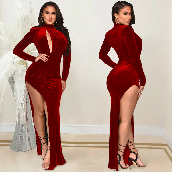 Sexy solid color women's long-sleeved hollow slit long skirt dress