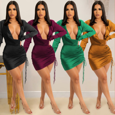 Solid color deep V long-sleeved pleated lace-up skirt dress women