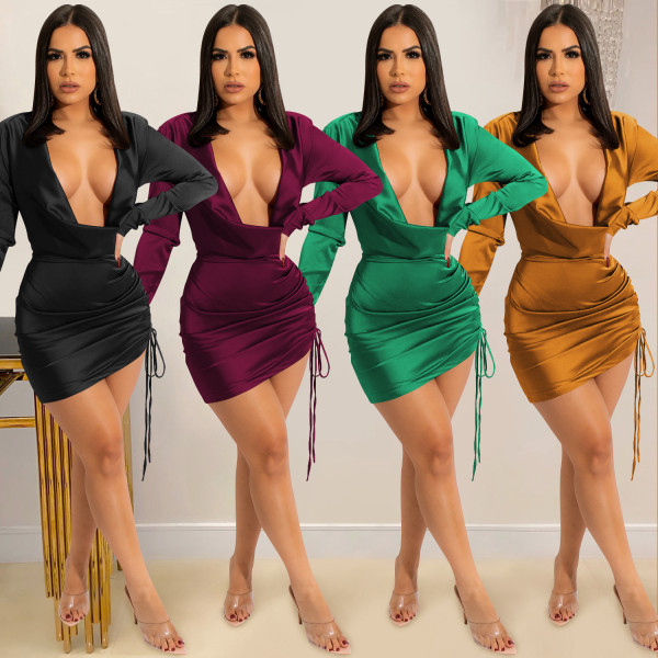 Solid color deep V long-sleeved pleated lace-up skirt dress women