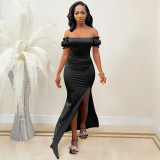 Fashion solid color women's flat shoulder pleated sleeve tight-fitting slit long skirt dress women