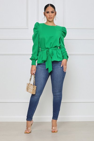 Puff sleeve long-sleeved chiffon shirt, pure color waist top with belt, spring new style