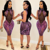 Fashion sequin high neck mesh see-through zipper mid-skirt dress
