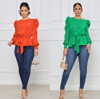 Puff sleeve long-sleeved chiffon shirt, pure color waist top with belt, spring new style