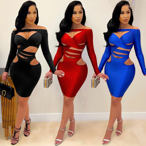 New product solid color women's flat shoulder hollow long sleeve skirt dress