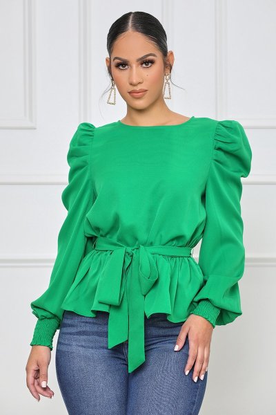 Puff sleeve long-sleeved chiffon shirt, pure color waist top with belt, spring new style