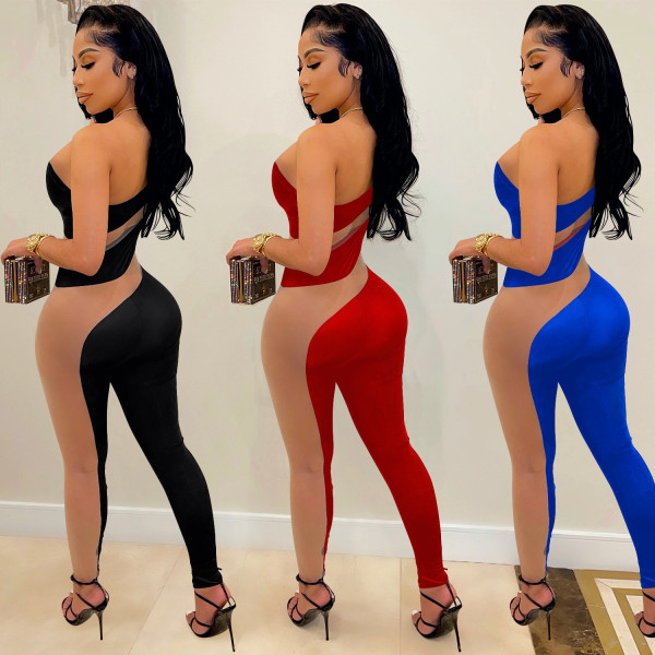 Fashion new round neck one-shoulder long-sleeved trousers contrast color see-through zipper jumpsuit