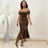 Fashion solid color women's flat shoulder pleated sleeve tight-fitting slit long skirt dress women