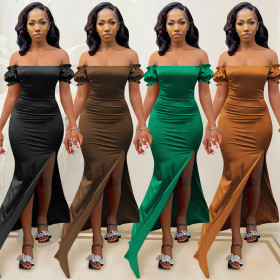 Fashion solid color women's flat shoulder pleated sleeve tight-fitting slit long skirt dress women