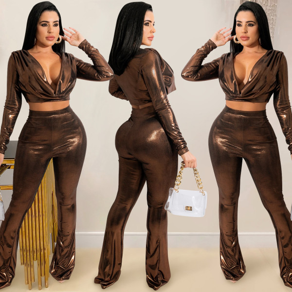 Fashion solid color women's hot stamping cloth deep V long sleeve waist trousers two-piece suit