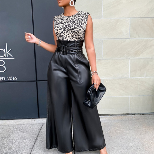 Fashion high waist trousers INS wind PU leather pants nightclub metal belt wide leg pants