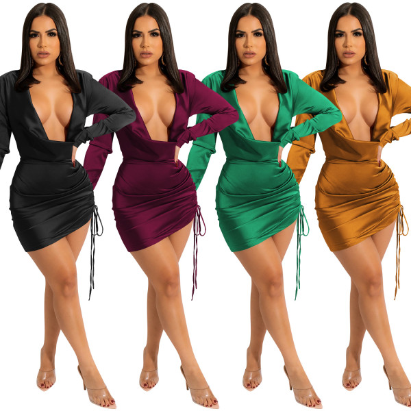 Solid color deep V long-sleeved pleated lace-up skirt dress women