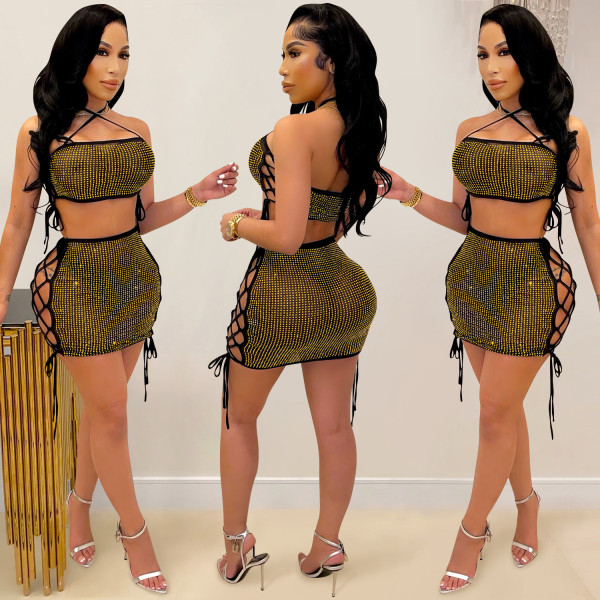 Fashion sexy women's hot drilling mesh see-through strap hollow short skirt two-piece suit