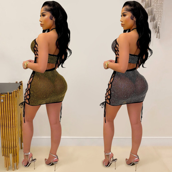 Fashion sexy women's hot drilling mesh see-through strap hollow short skirt two-piece suit