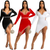 Fashion sexy hot drilling nightclub women's V-neck long-sleeved irregular dress