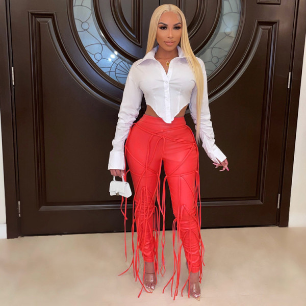 Casual PU trousers, leather rope, tight-fitting women's leather pants, winter new style