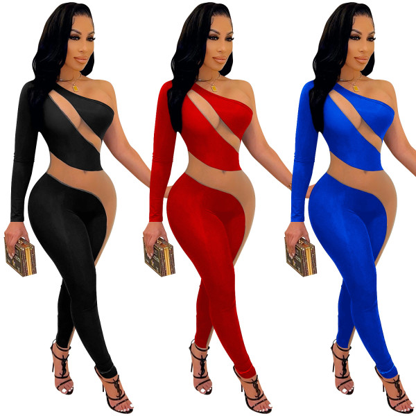 Fashion new round neck one-shoulder long-sleeved trousers contrast color see-through zipper jumpsuit
