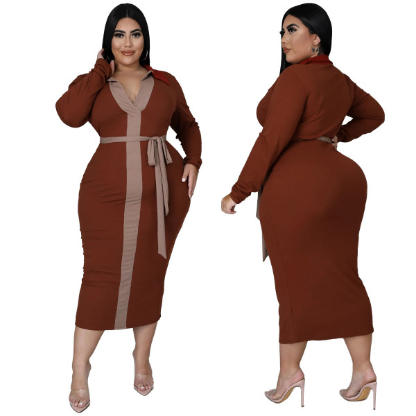 Women's 2021 autumn and winter new multi-color stitching lace-up temperament sexy plus size dress women
