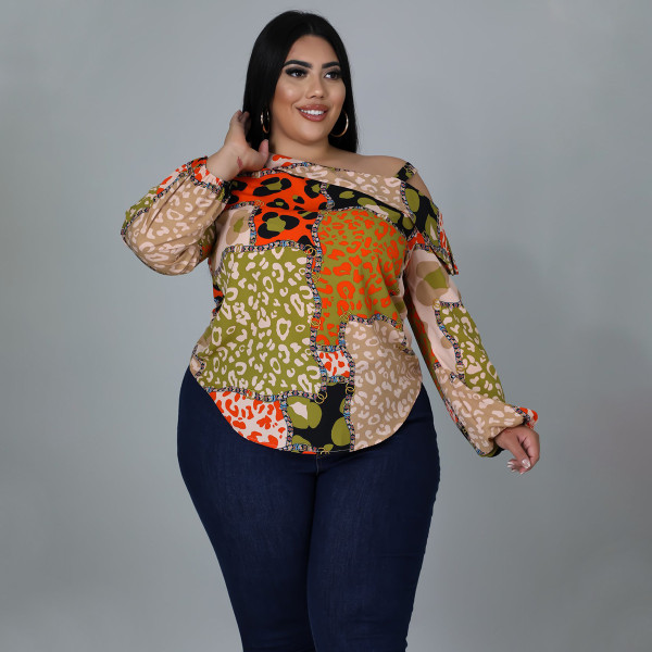 Plus size women's clothing fat size mm summer shoulder strap decoration digital printing blouse long-sleeved sling oblique shoulder T-shirt women