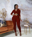 Female Slim Sexy Big V-neck Off-the-shoulder Thread Hole Strip Stretch Solid Color Jumpsuit